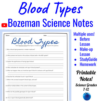 Preview of Blood Types Comprehensive Worksheet | Bozeman Science