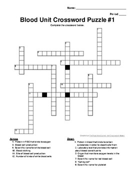 Blood Unit Crossword Puzzle Set by Parker s Products for the Sciences