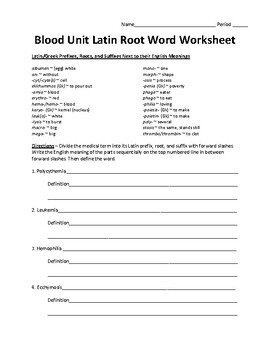 blood unit latin root word worksheet by parkers products for the sciences