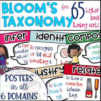 Preview of Bloom's Taxonomy Verb Posters for Higher Level Thinking All 6 Domains 65 Verbs