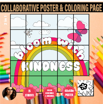 Preview of Bloom whith kindness spring coloring collaborative poster April Bulletin Board