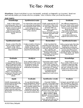 Preview of Bloom's Taxonomy/ Depths of knowledge Choice Board to Novel Hoot by Carl Haaisen