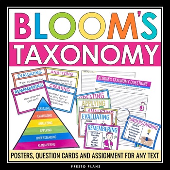 Preview of Bloom's Taxonomy Posters, Reading Question Cards, and Assignment for Any Story