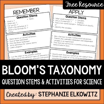 Preview of Bloom's Taxonomy Question Stems and Activities for Science