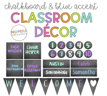 Preview of Blue Accented Chalkboard Classroom Decor Bundle