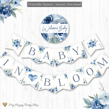 Preview of Blue Baby Shower Banner, Welcome Baby Boy Banner, Roses Theme, PRINTABLE