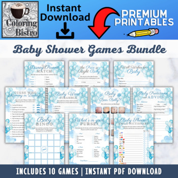 Preview of Blue Balloons Baby Shower Games Bundle • PDF Download Baby Shower Printable Game