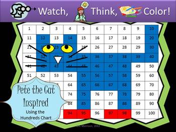 Preview of Blue Cat Hundreds Chart Fun - Watch, Think, Color Mystery Pictures
