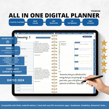 Preview of Blue Dated 2024 Digital Planner All-in-One Daily Weekly Monthly