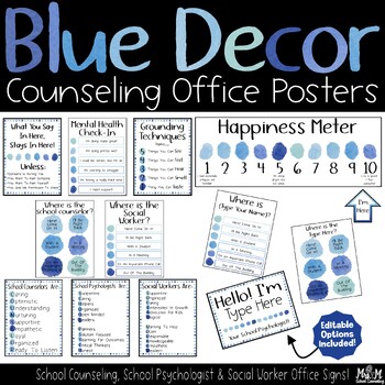 Preview of Blue Decor School Counseling Office Posters / Psychologists / Social Workers