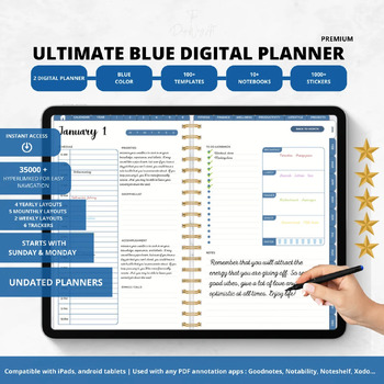 Preview of Blue Digital Planner for Goodnotes & Notability iPad Daily Weekly and Monthly