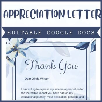 Preview of Blue Editable Teacher tpt Appreciation Template letter | Google Docs