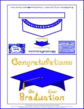 Preview of Blue Graduation Cap Party Hat or Card Printable Gold Congratulations Graduation