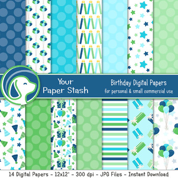Preview of Blue Green Boy Birthday Digital Scrapbook Paper Background Patterns