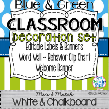 Preview of Blue & Green Classroom Decoration Set: Mix & Match Chalkboard and White