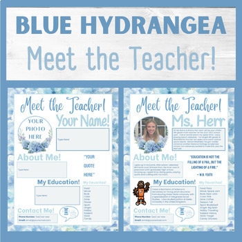 Preview of Blue Hydrangea "Meet the Teacher" Editable on Google Slides