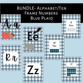 Preview of Blue Plaid Theme Alphabet and Ten Frame Number Posters BUNDLE