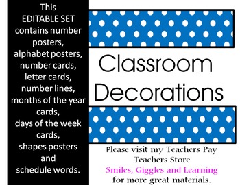 Preview of Blue Polka Dot Classroom Decorations [Editable]