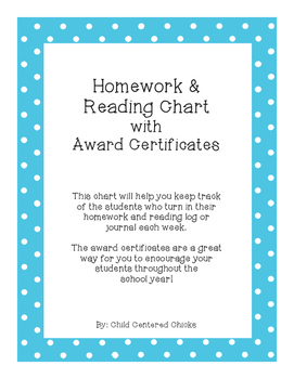 Preview of Homework and Reading Teacher Tracking Chart w/ Award Certificates Blue Polka Dot