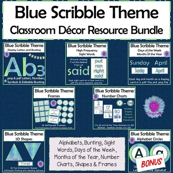 Preview of Blue Scribble Theme Classroom Decor and Display Resource