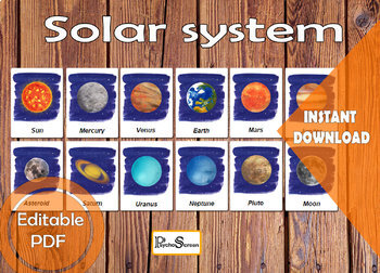 Preview of Blue Solar system 3 Part cards,  Planets flash cards, Space, Cosmos, Montessori