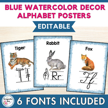 Preview of Blue Watercolor Alphabet Classroom Decor Posters in 6 Fonts EDITABLE
