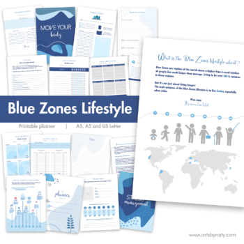 Preview of Blue Zones Lifestyle printable planner. Health and longevity planner.