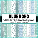 Blue and Green Boho Paper and Backgrounds, Watercolor Boho