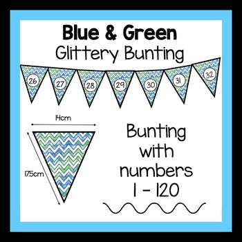 Preview of Blue and Green Sparkly classroom bunting banner with numbers 1 - 120