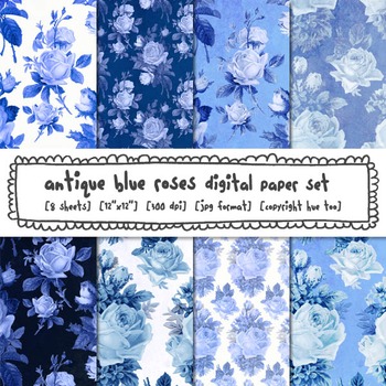 Blue and White Floral Digital Paper, Blue Antique Roses Digital Backgrounds