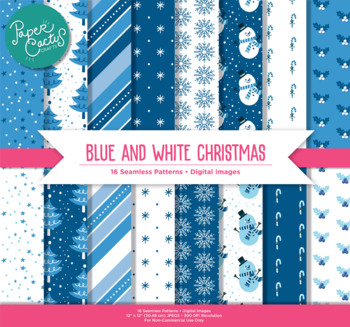 Blue and White Simple Christmas Digital Paper Pack - Illustrated