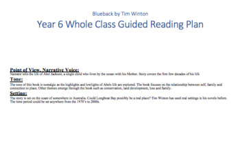 Preview of Blueback Tim Winton Novel Study Guided Reading Guide