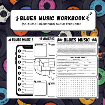 Preview of Blues Music Unit Workbook | Noprep, printable worksheet handout, easy sub-lesson