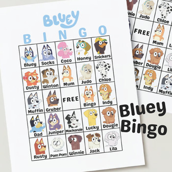 Preview of Bluey Bingo Cards - 20 Unique Cards with Keepy Uppy Balloon Tokens - PDF Files