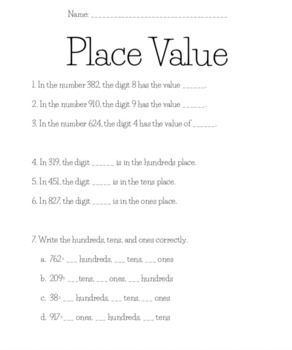 Preview of Place Value Assessment (Pre/Post)