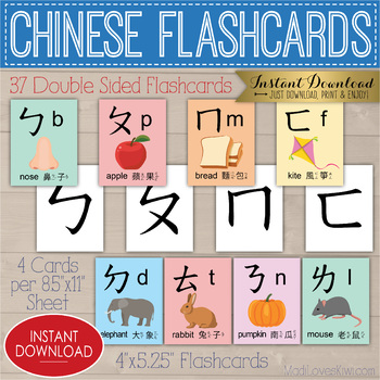 Preview of BoPoMoFo Chinese Alphabet Flash Card Set, Printable Zhuyin Phonics Learning Tool
