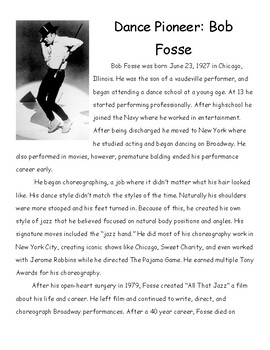 Preview of Bob Fosse - Dance Pioneer - Reading and Worksheet