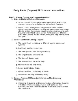 Body Systems Lesson & Worksheets e-Lesson Plan Grade 5