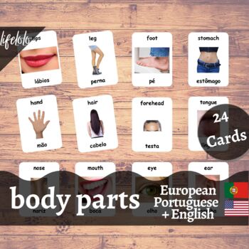 Preview of Body Parts (Real) - European PORTUGUESE English Bilingual Flash Cards | 24 Cards