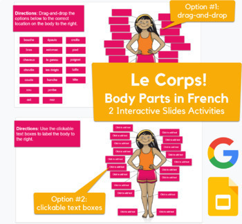 Preview of Body Parts in French /  Le Corps - drag-drop, labeling activities in Slides