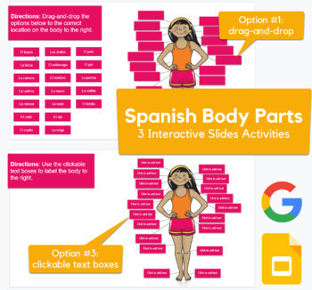 Preview of Body Parts in Spanish /  El Cuerpo - drag-drop, labeling activities in Slides
