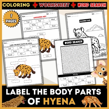 Preview of Body Parts of Hyena: Word Search, Labeling, Worksheet, Coloring Pages