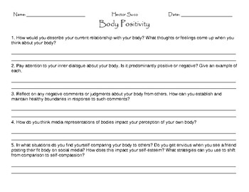 Preview of Body Positivity Worksheet: Cultivate Self-Love & Boost Confidence