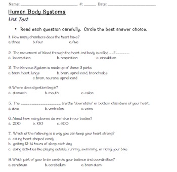 Preview of Body Systems Test & Study Guide