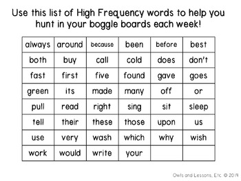 Boggle Word Work - 2nd Grade High Frequency Words by Owls and Lessons