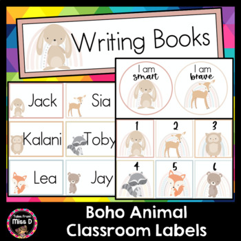 Preview of Boho Animal Classroom Labels Editable