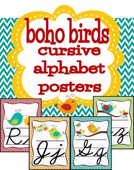 Preview of Boho Birds Theme Cursive Letters Posters