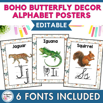 Preview of Boho Butterfly Alphabet Classroom Decor Posters in 6 Fonts EDITABLE