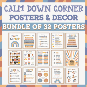 Preview of Boho Calm Down Corner Calming Posters Strategies Printables Middle School Sign