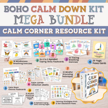 Preview of Boho Calm Down Corner Sign Kit Calming Posters Binder Middle School SEL Zen Den